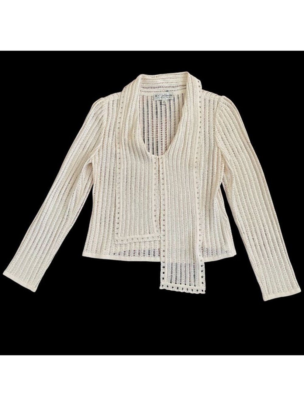St. John Evening Ivory & Silver Metallic Knit Top Long Sleeve Medium